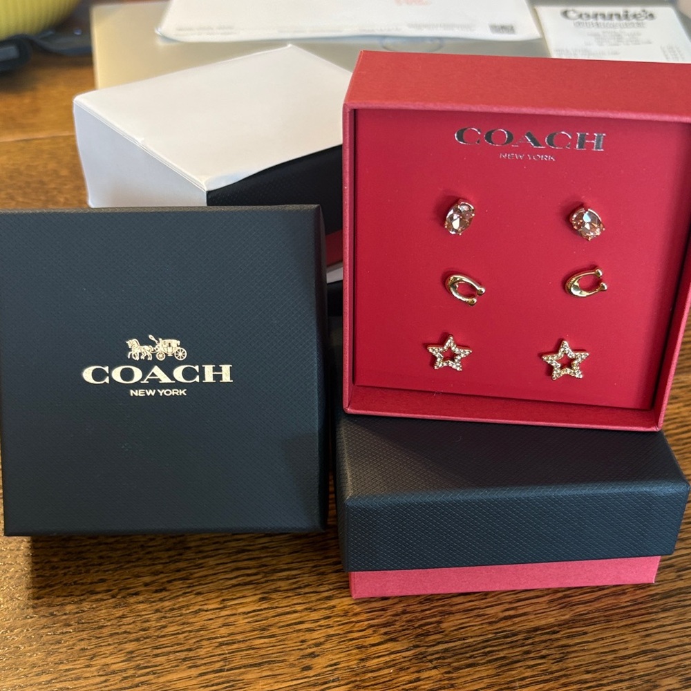 COACH Gold Tone Stud Earring Set with Red Presentation Box
